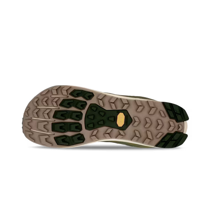 Bottom view of an olive green trail running shoe. The tread is brown with accents of dark green against a white background. 