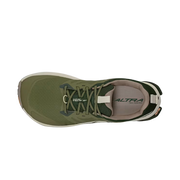 Top view of an olive green trail running shoe with white accents against a white background. 