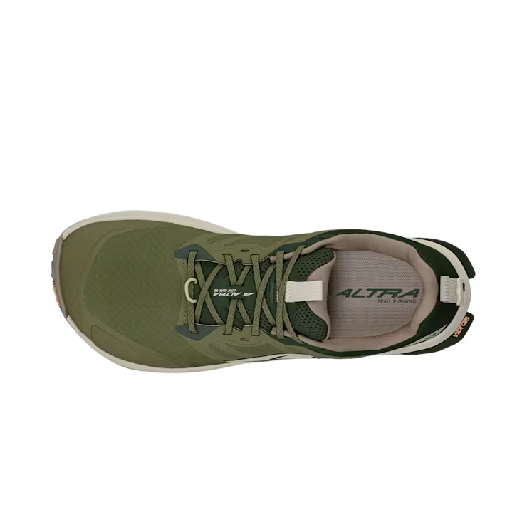 Top view of an olive green trail running shoe with white accents against a white background. 