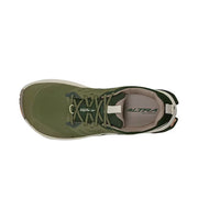 Top view of an olive green trail running shoe with white accents against a white background. 