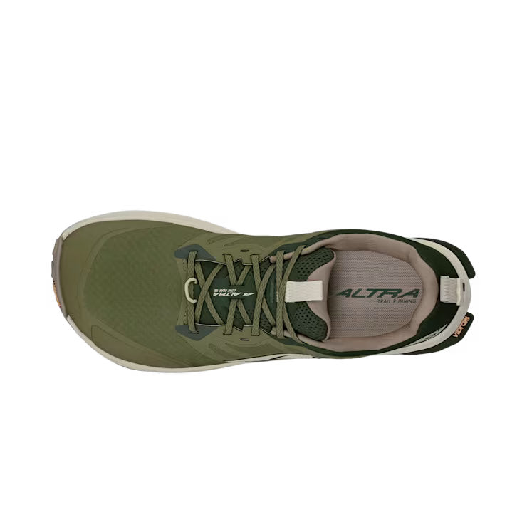 Top view of an olive green trail running shoe with white accents against a white background. 
