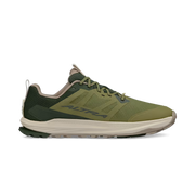 Side view of an olive colored trail running shoe with white accents against a white background. 