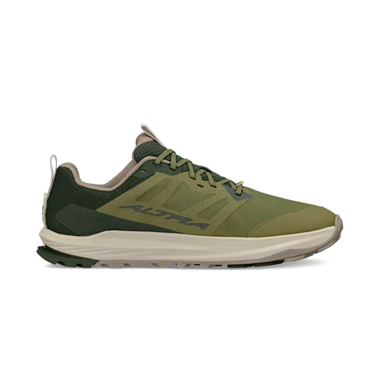 Side view of an olive colored trail running shoe with white accents against a white background. 