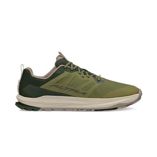 Side view of an olive colored trail running shoe with white accents against a white background. 