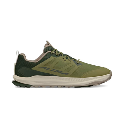 Side view of an olive colored trail running shoe with white accents against a white background. 