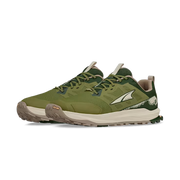 Side view of a pair of olive colored trail running shoes with white accents against a white background.