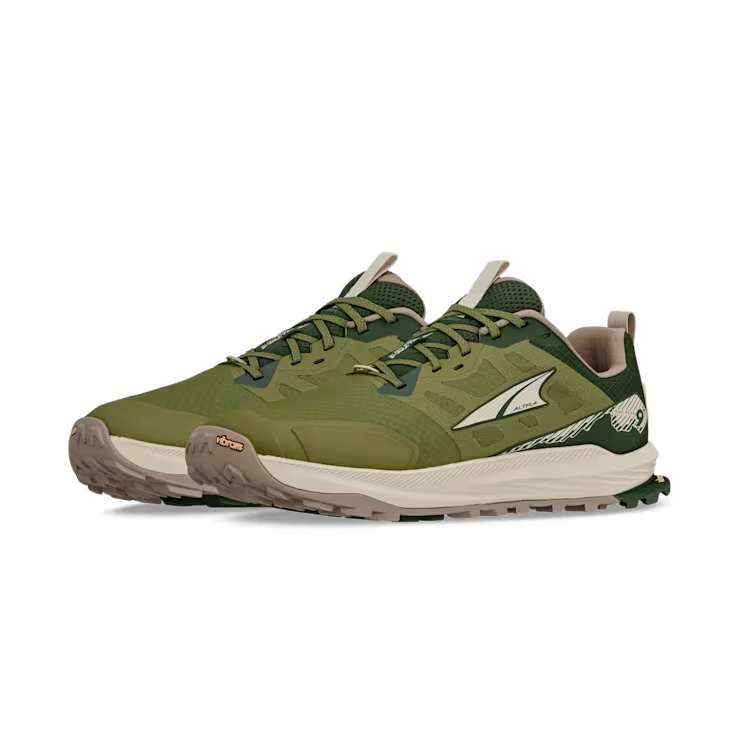 Side view of a pair of olive colored trail running shoes with white accents against a white background.