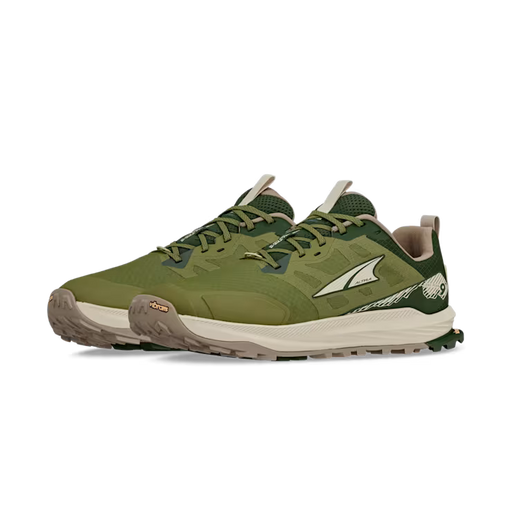 Side view of a pair of olive colored trail running shoes with white accents against a white background.