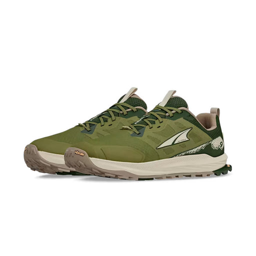 Side view of a pair of olive colored trail running shoes with white accents against a white background.
