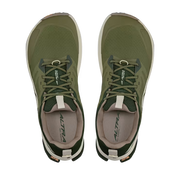 Top view of a pair of olive colored trail running shoes with white accents against a white background. 