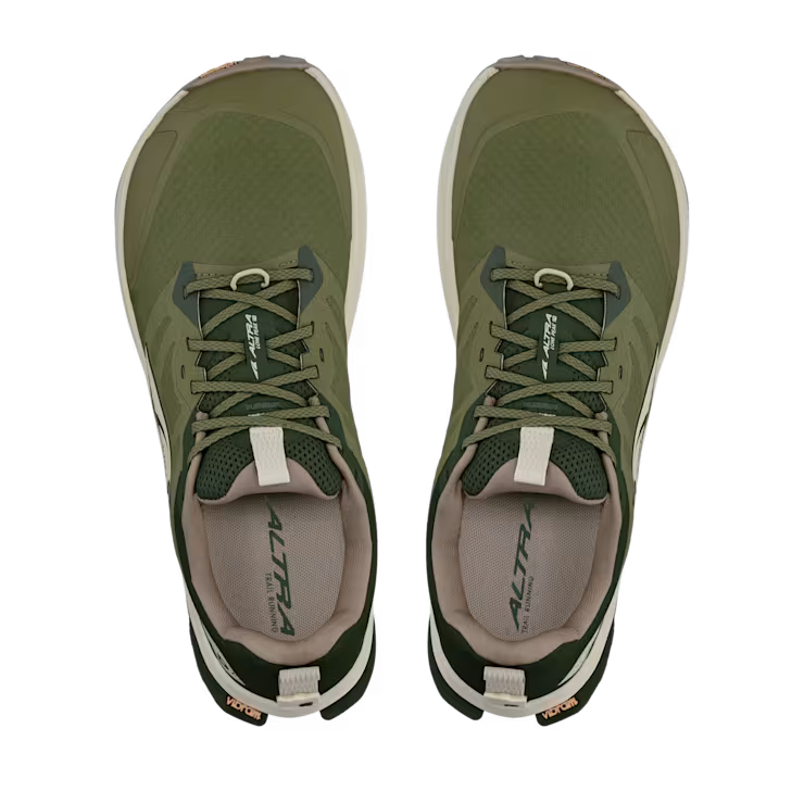 Top view of a pair of olive colored trail running shoes with white accents against a white background. 
