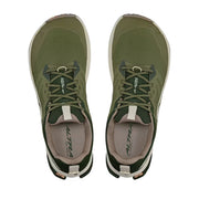Top view of a pair of olive colored trail running shoes with white accents against a white background. 