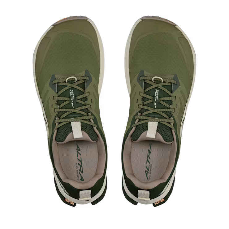 Top view of a pair of olive colored trail running shoes with white accents against a white background. 