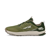 Side view of an olive green trail running shoe with white accents against a white background. 