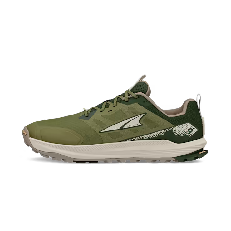 Side view of an olive green trail running shoe with white accents against a white background. 