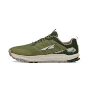 Side view of an olive green trail running shoe with white accents against a white background. 