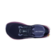 Top view of a navy blue colored trail running shoe with purple accents against a white background. 