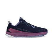 side view of a navy blue colored shoe with purple accents against a white background. 