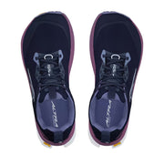 Top view of a pair of navy blue colored shoes with purple accents against a white background. 