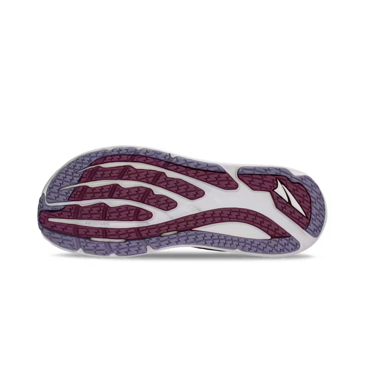 Bottom view of a trail running shoe. The tread has white, white, and gray accents and it sits against a white background. 