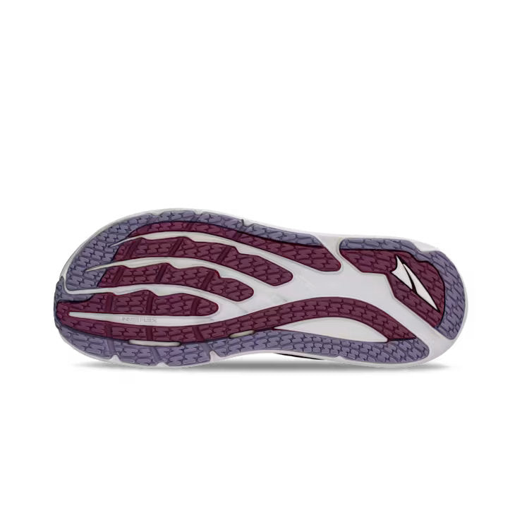 Bottom view of a trail running shoe. The tread has white, white, and gray accents and it sits against a white background. 