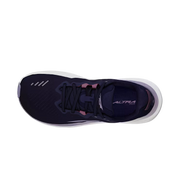 Top view of a navy blue trail running shoe with white accents against a white background. 