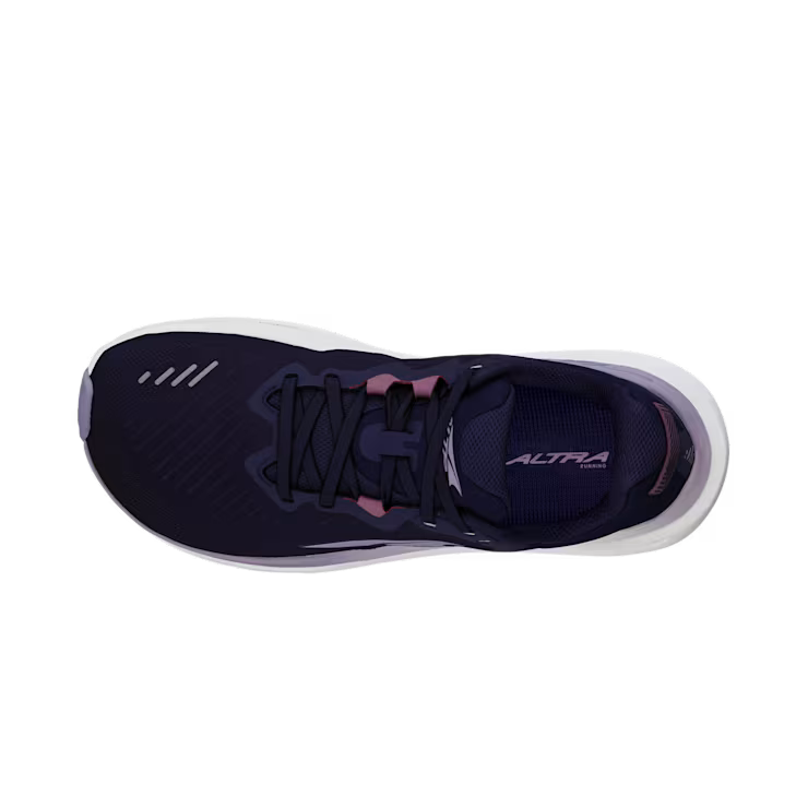 Top view of a navy blue trail running shoe with white accents against a white background. 