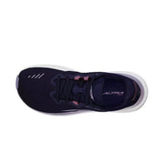 Top view of a navy blue trail running shoe with white accents against a white background. 