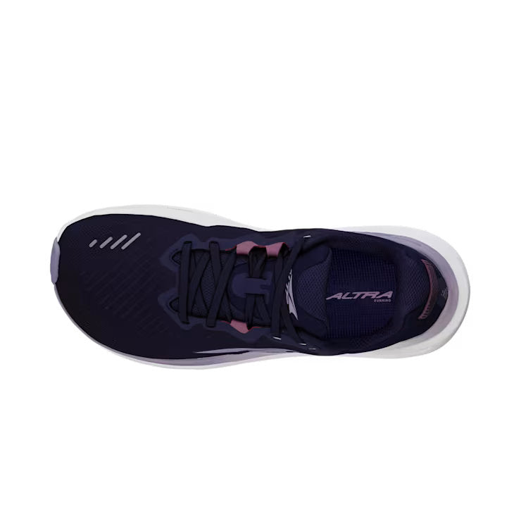 Top view of a navy blue trail running shoe with white accents against a white background. 
