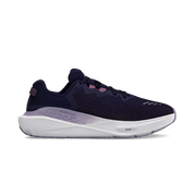 Side view of a navy blue trail running shoe with white accents against a white background. 