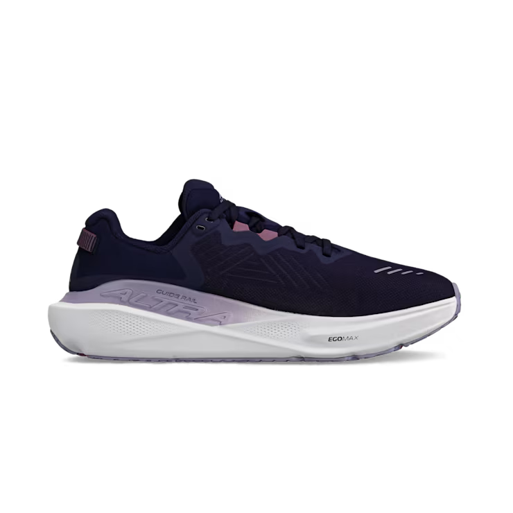 Side view of a navy blue trail running shoe with white accents against a white background. 