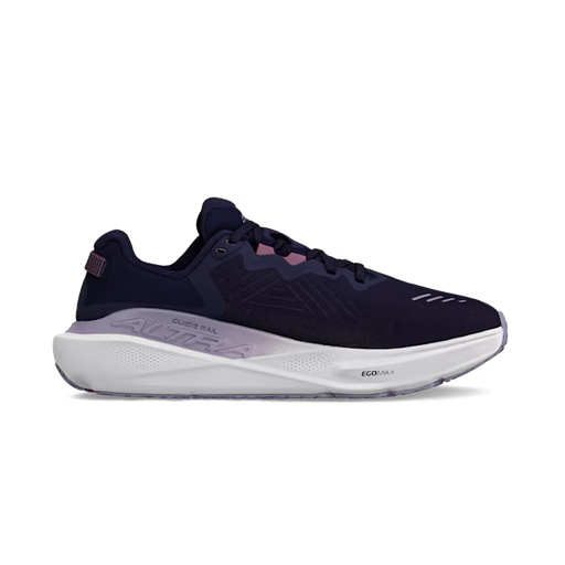 Side view of a navy blue trail running shoe with white accents against a white background. 