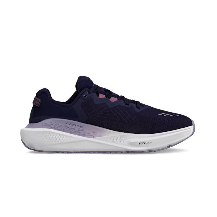 Side view of a navy blue trail running shoe with white accents against a white background. 