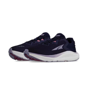 Side view of a pair of navy blue trail running shoes with white accents against a white background. 
