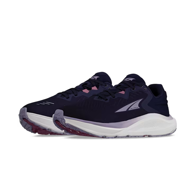 Side view of a pair of navy blue trail running shoes with white accents against a white background. 