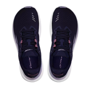 Top view of a pair of navy blue trail running shoes with white accents against a white background. 