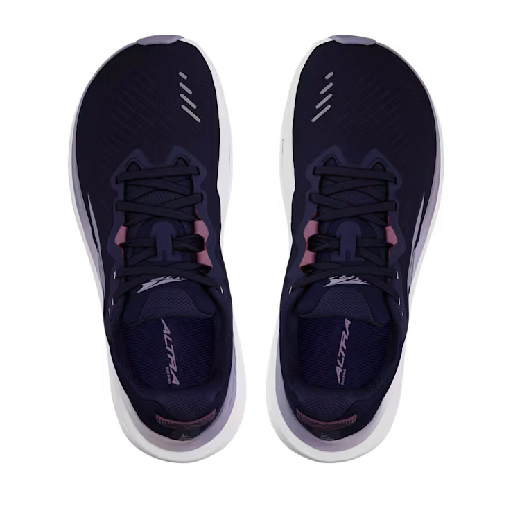 Top view of a pair of navy blue trail running shoes with white accents against a white background. 
