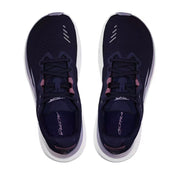 Top view of a pair of navy blue trail running shoes with white accents against a white background. 