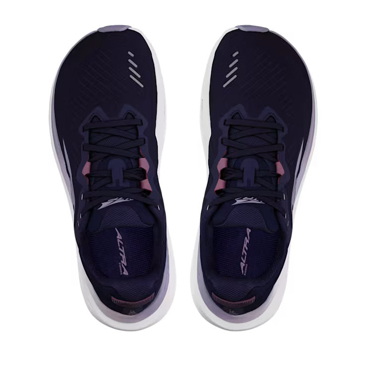 Top view of a pair of navy blue trail running shoes with white accents against a white background. 