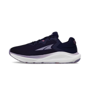 Side view of a navy blue trail running shoe with white accents against a white background. 