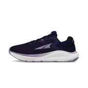 Side view of a navy blue trail running shoe with white accents against a white background. 