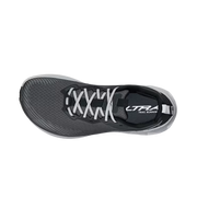 Top view of a gray trail running shoe with white laces against a white background. 