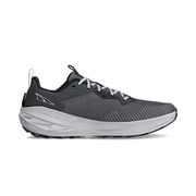 Side view of a gray trail running shoe with white laces against a white background. 