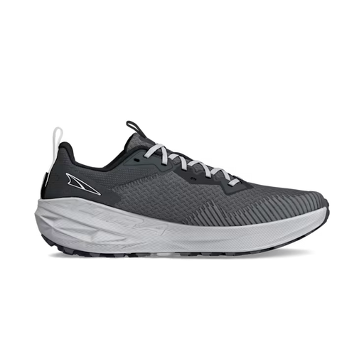 Side view of a gray trail running shoe with white laces against a white background. 