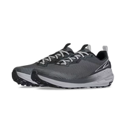 Side view of a pair of gray trail running shoes with white laces against a white background. 