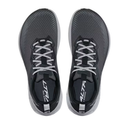 Top view of a pair of gray trail running shoes with white laces against a white background. 