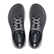 Top view of a pair of gray trail running shoes with white laces against a white background. 