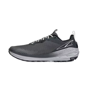 Side view of a gray trail running shoe against a white background. 