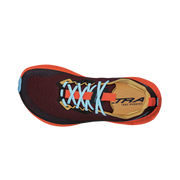 Top view of a red trail running shoe with orange accents and blue laces against a white background.
