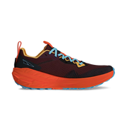 Side view of a red trail running shoe with orange accents against a white background. 